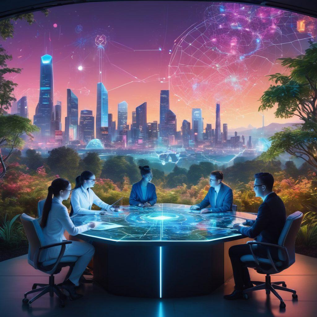 A futuristic landscape depicting a diverse group of researchers collaborating, surrounded by holographic data visualizations of AI concepts. In the background, a skyline filled with advanced technology and greenery symbolizing ethical AI integration. Highlight elements like robots, neurons, and gears to represent innovation and ethics in AI. soft glowing lights. cyberpunk. vibrant colors.