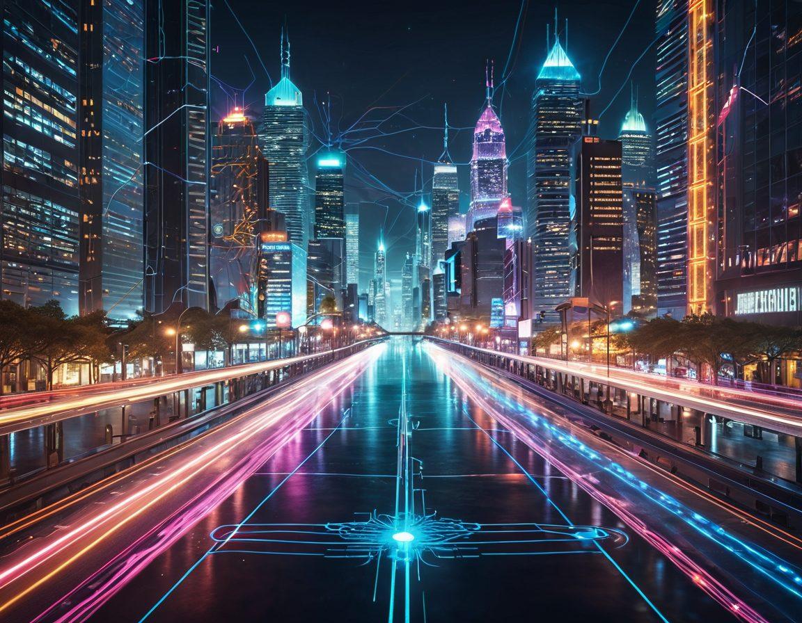 An intricate neural network with vibrant pathways connecting various nodes, symbolizing the evolution from data science to intelligent systems. Include digital overlays of global maps and AI-related icons like robots and algorithms. The background should show a futuristic city skyline, representing the future of AI development globally. super-realistic. vibrant colors. cyberpunk.