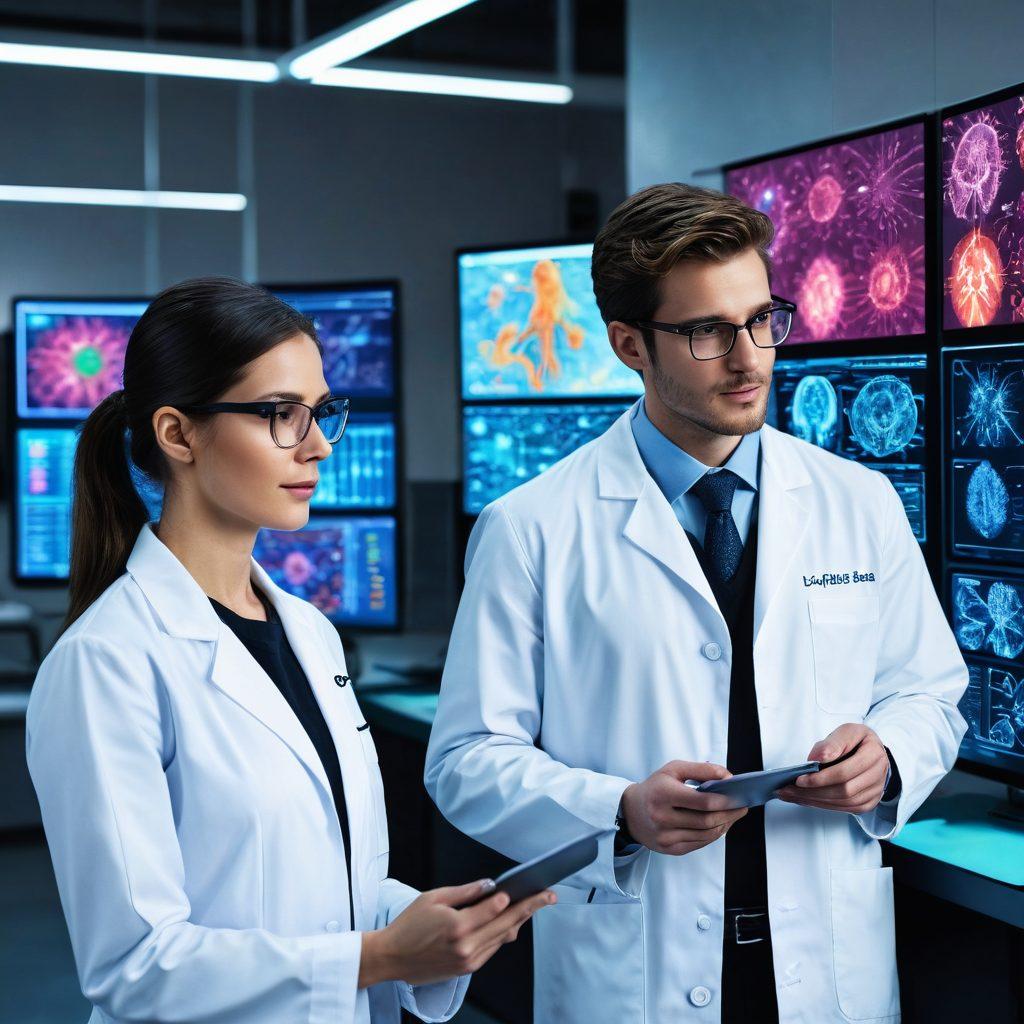 A futuristic lab with scientists engaged in cutting-edge AI research, displaying holographic neural networks and machine learning algorithms. Diverse individuals, wearing lab coats, are interacting with advanced technology and digital screens filled with data visualizations. Bright lights and vibrant colors create an atmosphere of innovation and discovery. The setting reflects a blend of high-tech tools and creativity. super-realistic. vibrant colors. digital art.